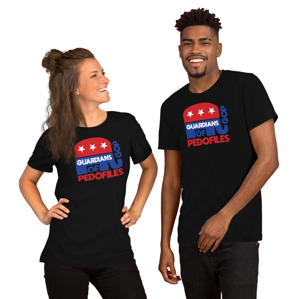Two people wearing black t-shirts with a graphic design and text.
